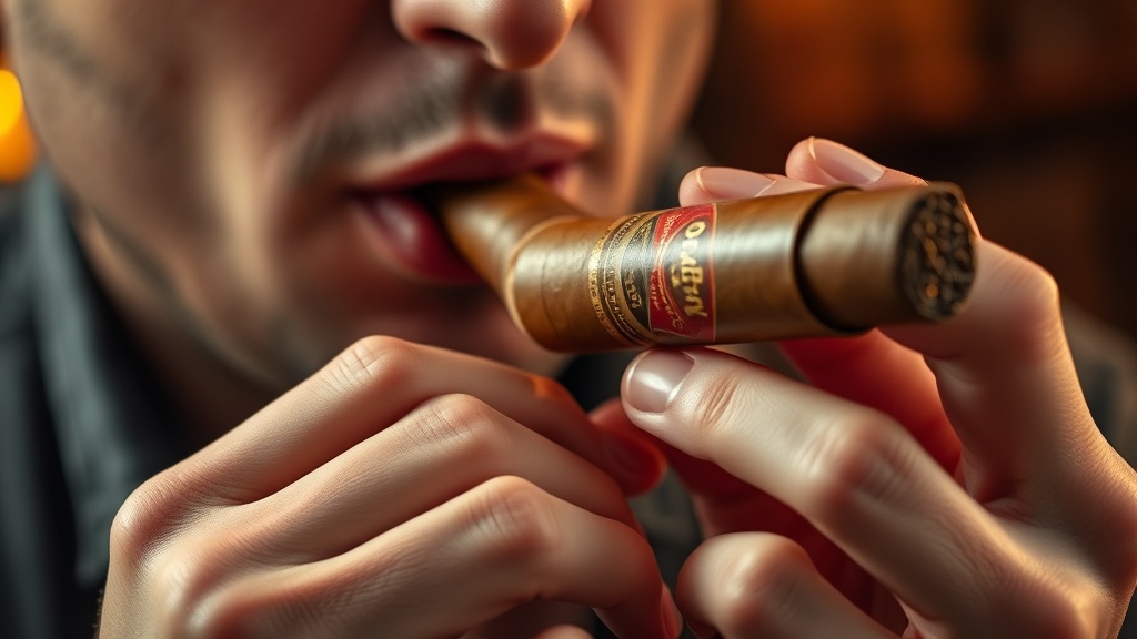 Close-up of a person taking a gentle draw from a premium cigar