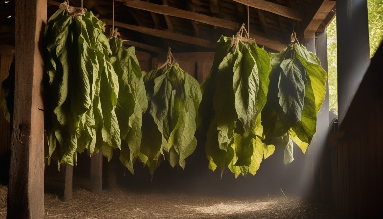 Tobacco leaves hanging in a traditional curing barn