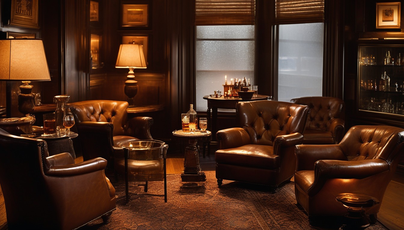 Cigar lounge interior with a lit premium cigar and a glass of whiskey